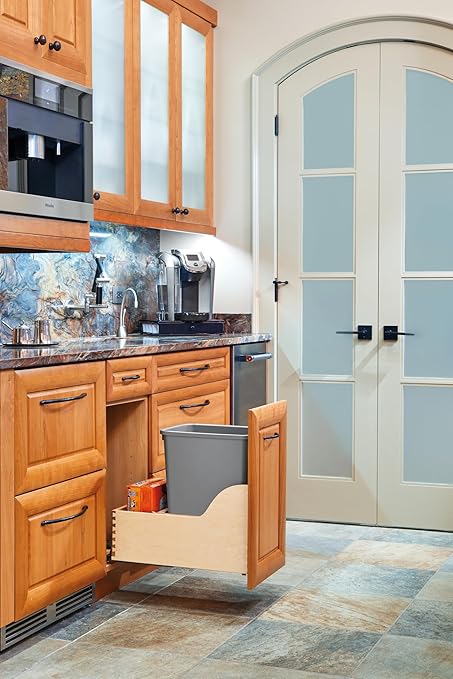 Rev-A-Shelf Pullout Trash Can for Kitchen Cabinet, Single 35 Qt Bin with 12" Wood Frame - Large Garbage Bin Container for Home Waste Storage and Recycling