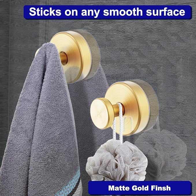 Suction Cup Hooks for Shower, Towel Hooks for Bathroom Window Glass, Bath Robe Looafh Hook for Hanging - 2 Pack, Gold