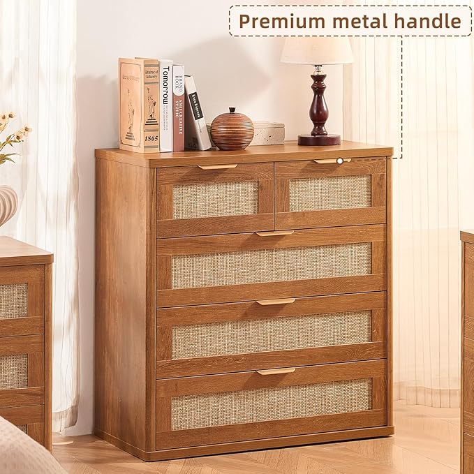 LEYAOYAO Rattan Dresser for Bedroom, 33.5" Tall Chest of Drawers, Modern 5 Drawers Boho Dressers with Storage, Vintage Brown Dresser Wooden Closet Organizer for Living Room, Hallway