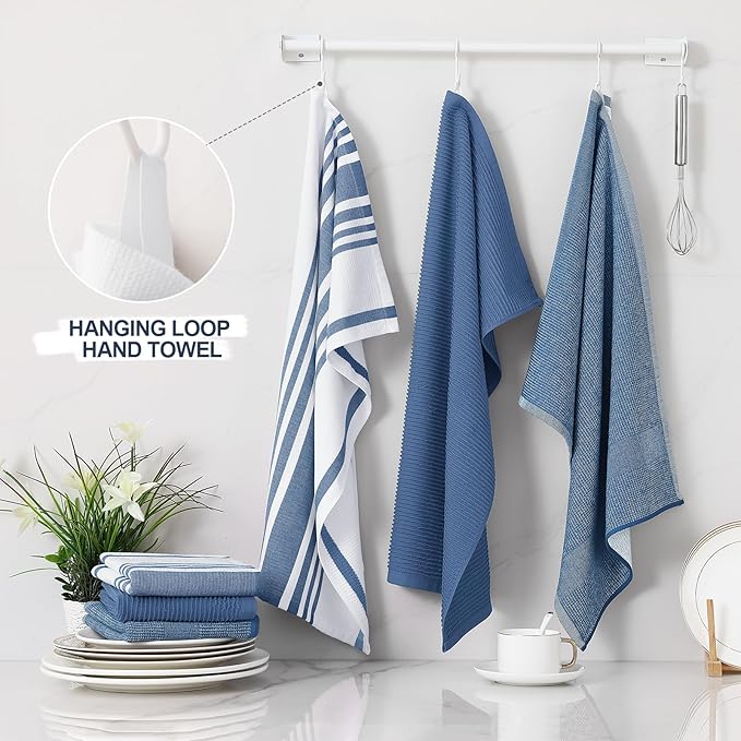 Homaxy Premium Kitchen Towels(18”x 28”, 12 Pack), Large Cotton 380 GSM Kitchen Hand Towels, Soft and Absorbent Terry Dish Towels, Multipurpose Tea Towel Set with Hanging Loop, Navy Blue