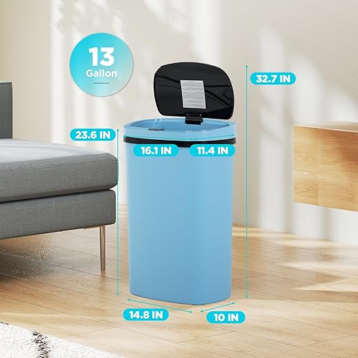 Automatic Motion Sensor Bathroom Trash Can with Lid, 13 Gallon Touchless Trash Bin, Smart Dog Proof Garbage Can, Touch Free Waste Basket for Toilet, Office, Bedroom,Blue,2