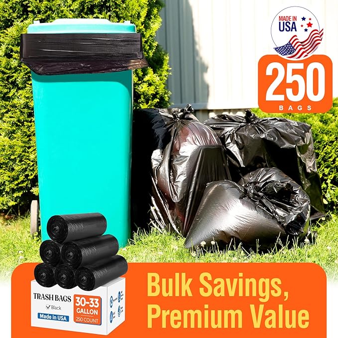 Delxo 30-33 Gallon Black Trash Bags, 250 Count – Medium Duty Garbage Bags, Thick, Durable & Puncture-Resistant Plastic Bolsas para basura, Perforated Design– Made in USA for Kitchen, Yard, Office
