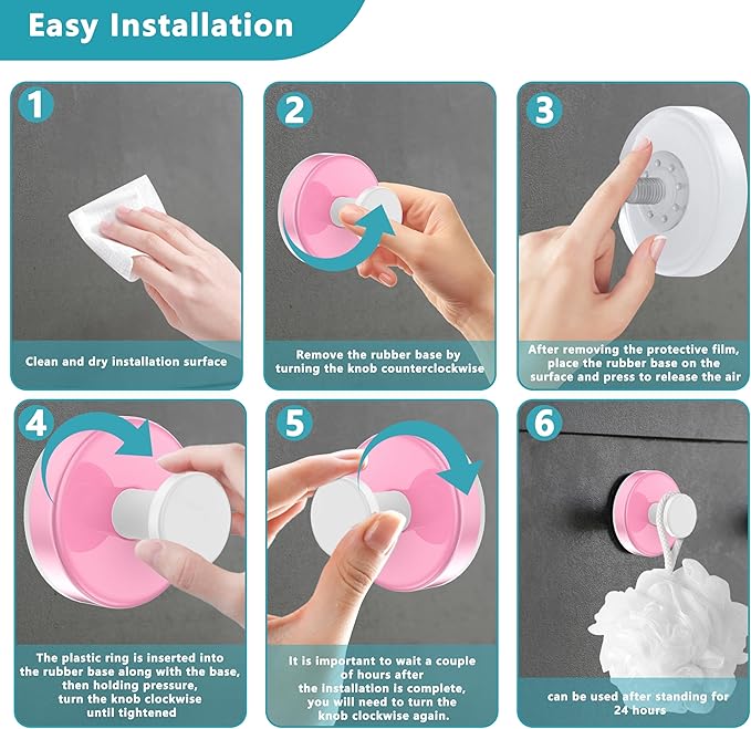 Suction Cup Hooks for Shower,Removable No Drill Towel Hooks,Upgraded 15 lbs Strong Suction hooks for Bathroom Tile,Shower Wall,Glass Door,Kitchen-Loofah,Coat,Stainless Waterproof-Pink White 4 Pcs