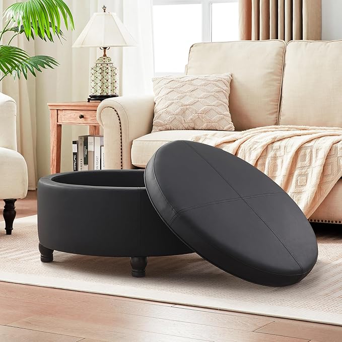 30-Inch Round Storage Ottoman, Modern Ottoman Coffee Table with Removable Top for Living Room, Bedroom, Office (Black)