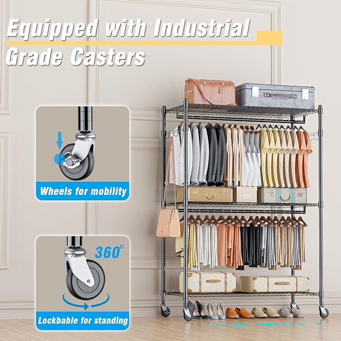 Homdox 3 Tier Heavy Duty Garment Rack with Wheels, Adjustable Wire Clothes Rack with Double Hanging Rods, Portable Closets for Hanging Clothes with Side Hooks, Black