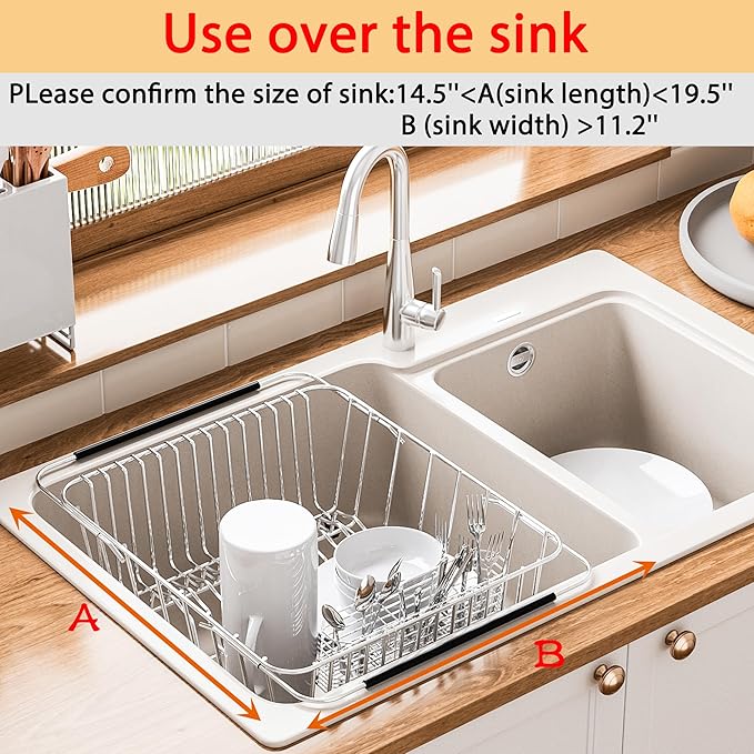 Stainless Steel Dish Drying Rack(15.2"L X 11"W X 5.3"H), Expandable Fruit & Vegetable Drain Rack over Sink, Dish Drainer Rack in Sink, with Stainless Steel Utensil Holder & Silicone Mat(16")