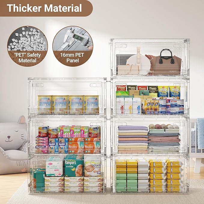BROVIEW Clear Stackable Storage Bins Drawers, Open Front Large Plastic Storage Bins with Lids, Foldable Closet Organizers and Storage for Wardrobe Cabinets, Pantry, Makeup,5 Pack