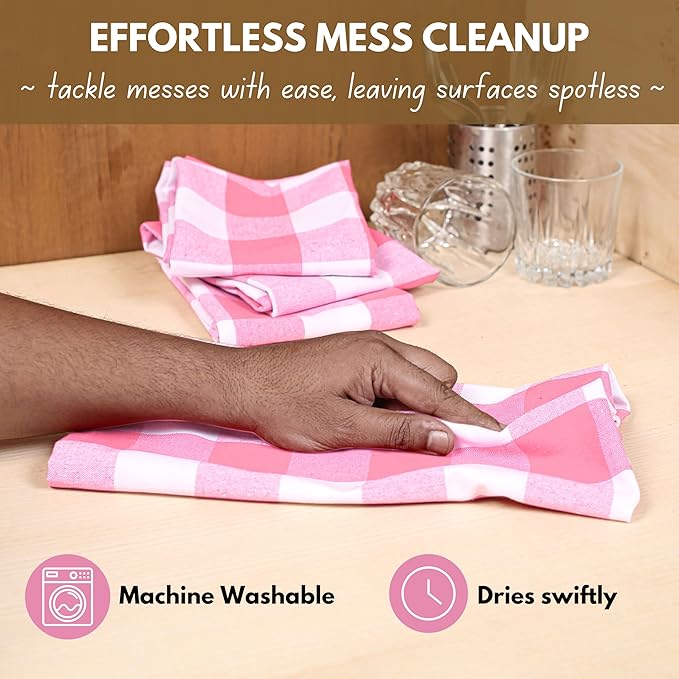 Native Fab Pink Checked Kitchen Towels 16"x26" - 6 Pack Buffalo Plaid Cotton Dish Towels - Absorbent Dishcloth Set, Soft Reusable Towel with Hanging Loop - Pink White