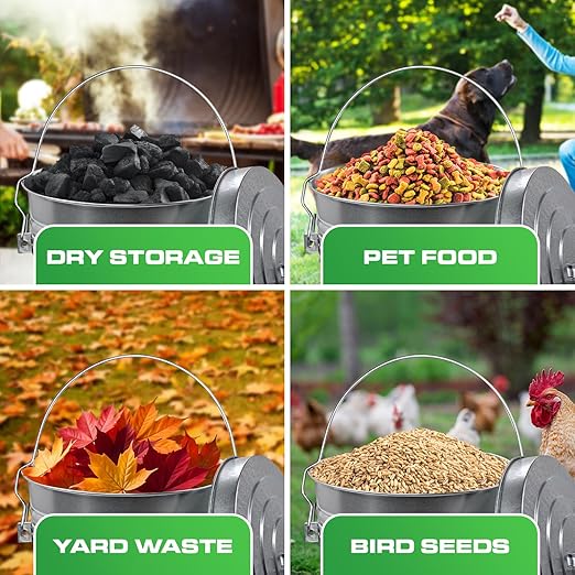 Plexon 6 Gallon Outdoor Trash Can with Lid Galvanized Metal Bucket with Locking Lid for Poultry Feed Bird Seed Storage Ash Small Garbage Can, 6 Pack