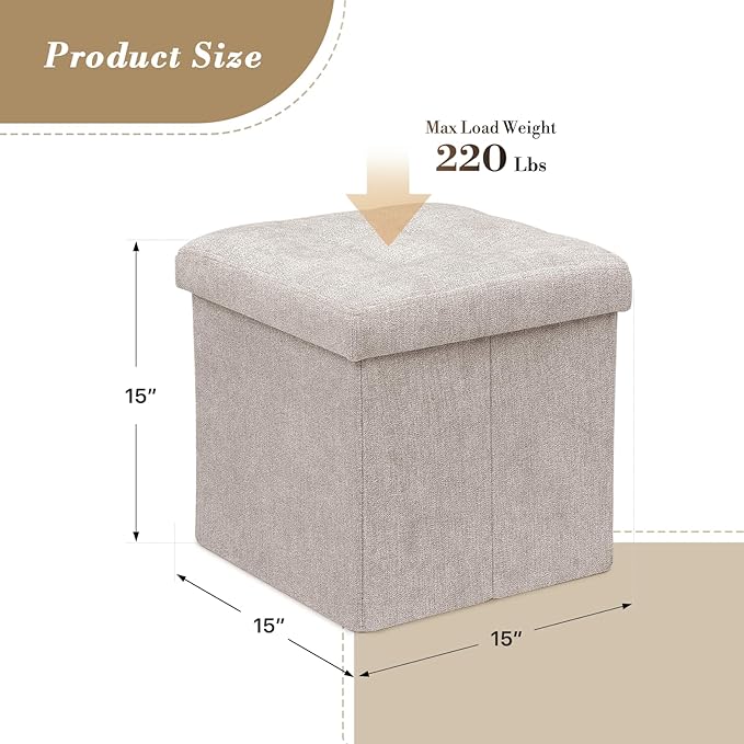 Athena Collection 15" Storage Ottoman Bench Folding Bench with 40L Hidden Storage, Small Cube Ottoman Linen Foot Rest Stool Chest with Flipping Lid for Living Room, Bedroom, Entryway, Sandy Beige