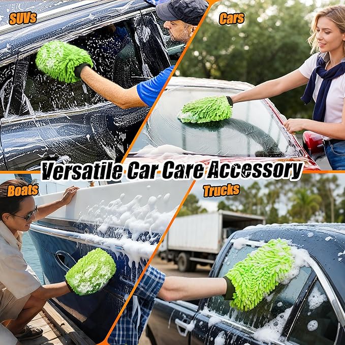 Car Wash Mitt Microfiber, Premium Chenille Microfiber Wash Car Mitts Sponge Scratch Free & Lint-Free, Mitts Waterproof Lining 2 Pack Green (8''X12'')