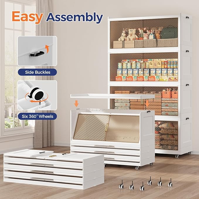 240 Gallon Extra Large Collapsible Storage Bin with Lid, 960QT Stackable Plastic Organizer with 6x Wheels, Foldable Drawer Cabinet for Closet, Living Room Office Dorm 3Pack, White