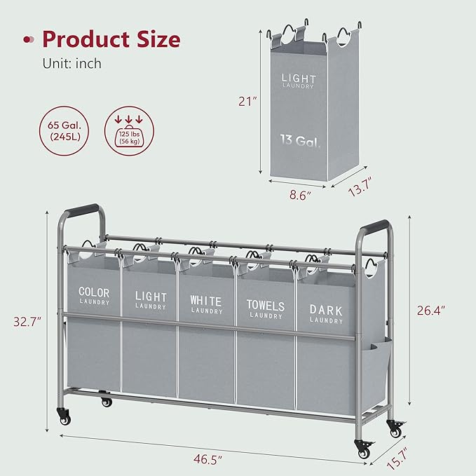 Tajsoon 5 Bag Laundry Sorter Cart, Laundry Hamper Sorter Basket with Heavy Duty Lockable Rolling Wheels for Clothes Storage, Grey & White