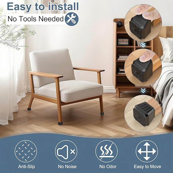 24PCS Square Chair Leg Floor Protectors for Hardwood Floors, Thicken Rubber Chair Leg Cap Covers, Non Slip Furniture Leg Pads to Protect Wood Tile Floors from Scratches and Reduce Noise