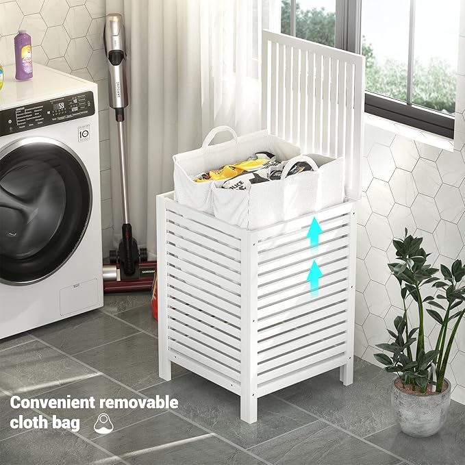 Homykic Bamboo Laundry Hamper with Lid, 120L Large Clothes Laundry Sorter with Removable 2-Section Liner Bag, Raised Laundry Basket Organizer for Clothing, Bathroom, Bedroom, Laundry Room, White