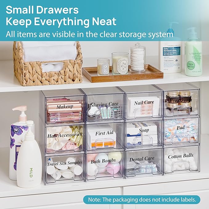 Vtopmart 2 Pack Clear Stackable Storage Drawers, 4.4'' Tall Acrylic Bathroom Makeup Organizer,Plastic Storage Bins For Vanity, Undersink, Kitchen Cabinets, Pantry, Home Organization