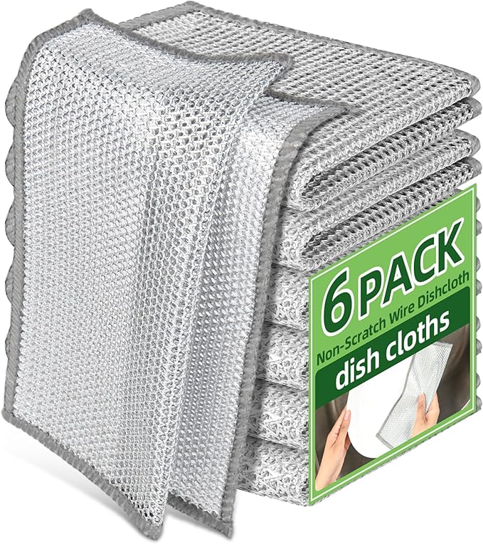 Stainless Steel Scrubber and Cleaning Rags - Non Scratch Wire Dishcloth for Washing Dishes, Steel Wool Scrubber and Dish Towels for Kitchen (6PCS)