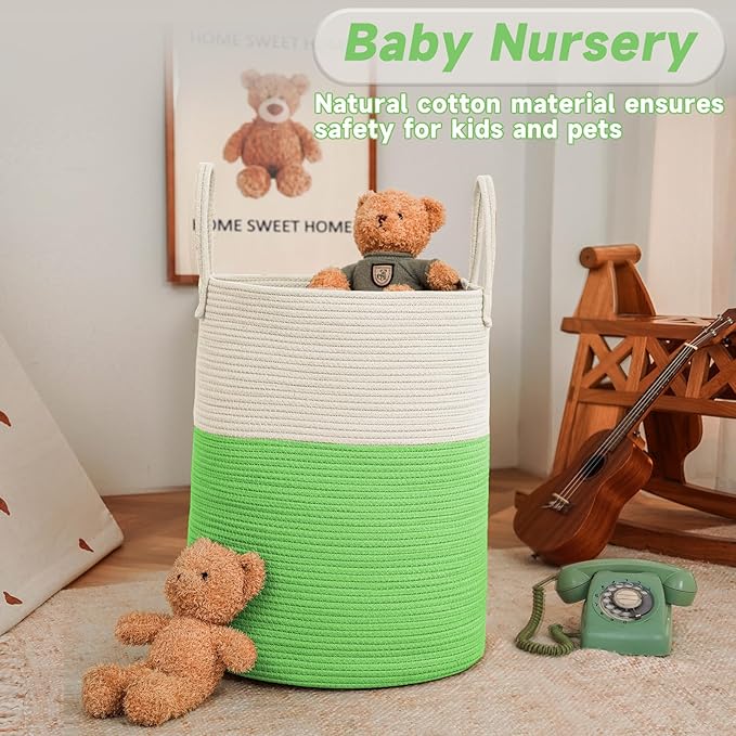 Large Woven Laundry Basket Hamper,100L Cotton Rope Storage Bin for Blankets,Toys and Clothes,Decorative Tall Nursery Hamper for Living Room,Baby Nursery,Bathroom and Bedroom,Light Green