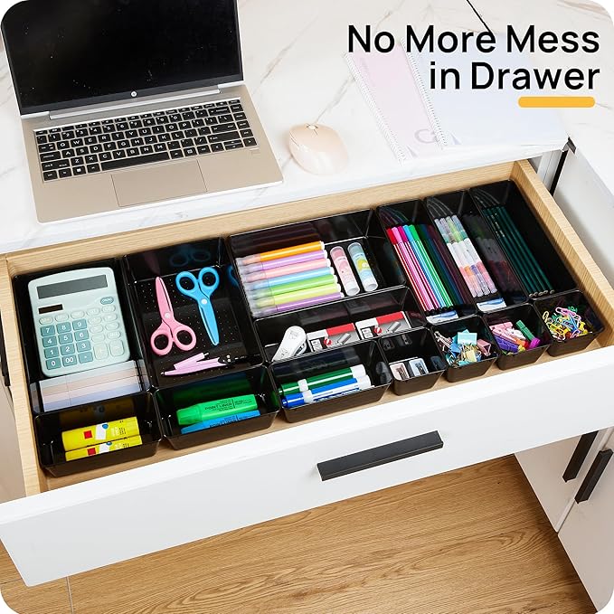 Vtopmart 44 PCS Plastic Drawer Organizers Set, 4-Size Versatile Bathroom and Vanity Organizer Trays, Non-Slip Storage Containers for Makeup, Jewelries, Bedroom，Kitchen Utensils and Office, Black