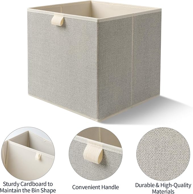 Storage Baskets, 11.8-Inch Woven Fabric Bins, Storage Cubes with Reinforced Handles, Organizer Bins for Closet Shelves, Foldable, for Toys, Clothes, Natural Beige (2PCS/Beige-11.8*11.8*11.8inch)
