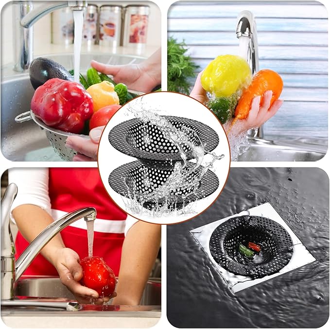 2 Pcs Black Stainless Steel Mesh Sink Drain Strainer, 4.45" Top/2.95" Kitchen Filter Trap Basket,Large Food Catch for Bathroom Bathtub Wash basin Floor drain balcony RV Drain Hole Electroplated Coatin