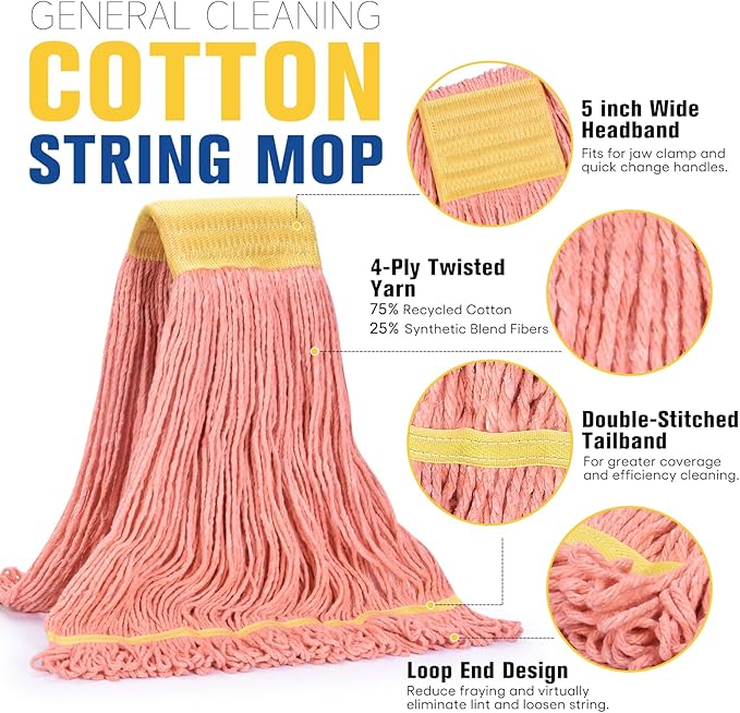 Matthew Cleaning Commercial Mop Head Replacement, 5 Inch Wide Headband, Looped End Cotton Blend String Wet Mops for Floor Cleaning, 24 oz Large, 1-Pack Orange