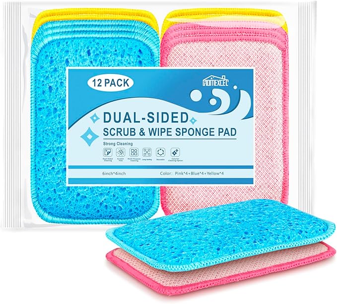 HOMEXCEL 12 Pack Scrub & Wipe Cloths, Dual-Sided Sponges for Kitchen, All-Purpose Cloth for Dishes, Pots, Pans, Non-Stick Cookware, Countertops (Red, Yellow, Blue)