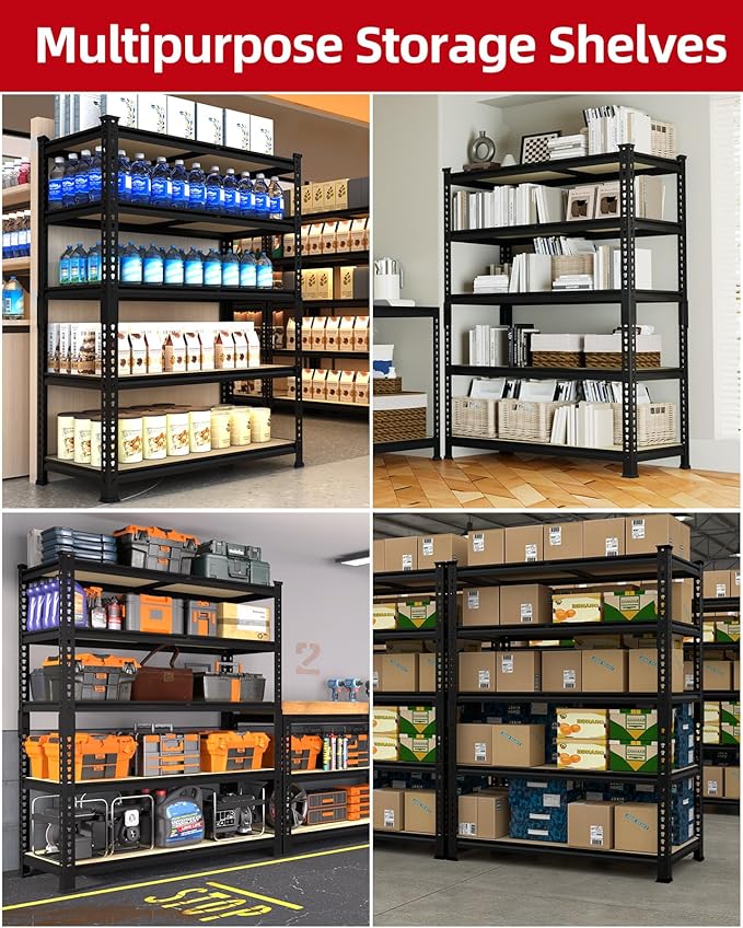 PrimeZone 36" x 16" x 72" Heavy Duty Storage Shelves - 5 Tier Adjustable Garage Storage Shelving, Metal Storage Utility Rack Shelf Unit for Warehouse Pantry Closet Kitchen, Black, 2 Pack