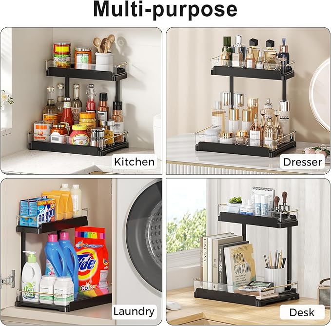 heart & home 2-Pack Under Sink Storage Organizer for Kitchen & Bathroom Cabinets with Removable Washable Tray, Tool-Free Assembly – Multi-Purpose for Vanity, Laundry & Countertop, Black