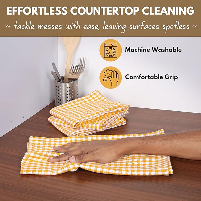 Native Fab 12 Pack Mini Check Yellow Kitchen Towels 16"x26" - Gingham Plaid Cotton Dish Towels - Absorbent Dishcloth Set, Soft Reusable Towel with Hanging Loop - Yellow White