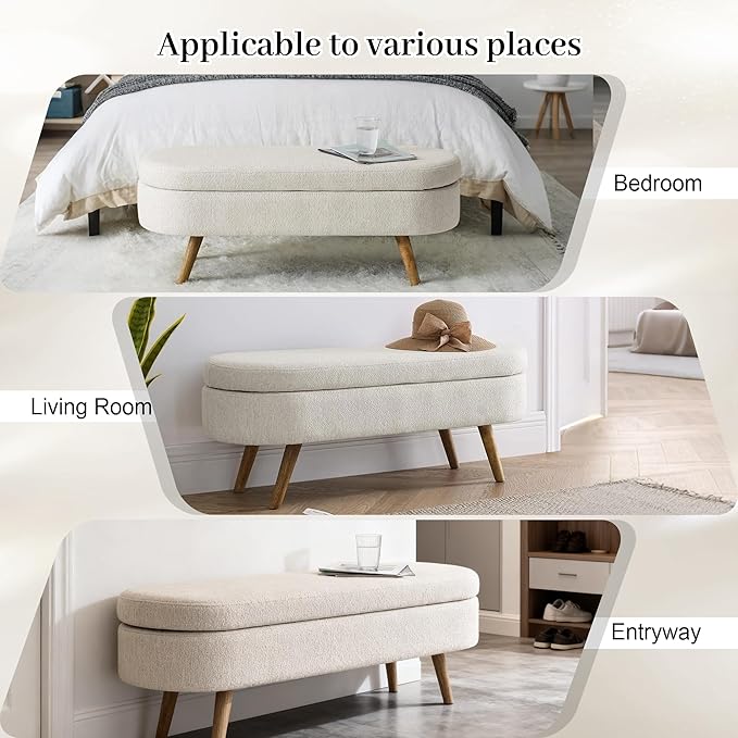 Storage Bench, 43" Storage Ottoman Bench for Bedroom, Upholstered Entryway Benches with Seating, Rubber Wood Legs, Shoe Storages Benches for Bedroom, Living Room, Entryway, Bed Side, Beige