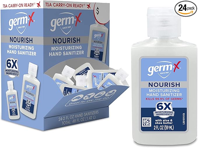 Germ-X Nourish Hand Sanitizer, 2-in-1 Moisturizing and Sanitizing Formula with Shea Butter, Vitamin E & Aloe, Non-Greasy, Mini Travel Size for On-The-Go, Back to School Supplies, 2 Fl Oz (Pack of 24)