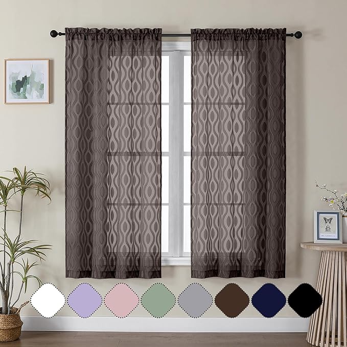 Aiyufeng Sheer Curtains 63 Inch Length 2 Panels Set, Solid Brown Light Filtering Voile Window Treatments for Bedroom Living Room, Modern Wavy Line Textured, 40" W X 63" L