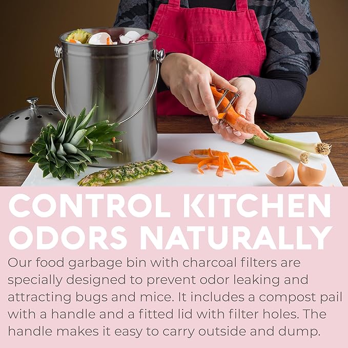 EPICA Countertop Compost Bin Kitchen | 1.3 Gallon | Odorless Composting Bin with Carbon Filters | Indoor Compost Bin with Lid | Stainless Steel Kitchen Composter for Food Scraps & Waste Recycling