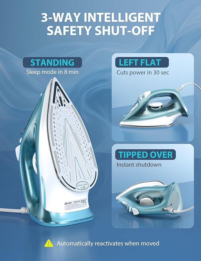 Sundu 1500W Steam Iron for Clothes, Ceramic Nonstick Soleplate for Fast Smooth Gliding, Self Clean, Auto Shut Off, 11.8oz Large Water Tank, Lightweight for Home & Travel Use, Green