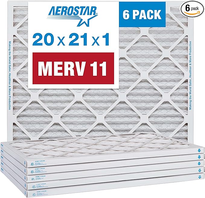 Aerostar 20x21x1 MERV 11 Pleated Air Filter, AC Furnace Air Filter, 6 Pack (Actual Size: 19 7/8" x 20 7/8" x 3/4")