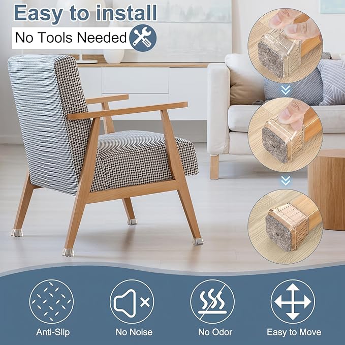 24PCS Square Chair Leg Floor Protectors for Hardwood Floors, Thicken Rubber Chair Leg Cap Covers, Non Slip Furniture Leg Pads to Protect Wood Tile Floors from Scratches and Reduce Noise