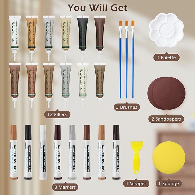 Wood Furniture Repair Kit: 12-Color Filler and 8-Color Markers - Wood Touch Up for Scratches/Cracks/Holes/Stains in Floors/Table/Cabinets(Hardwood/Laminate)