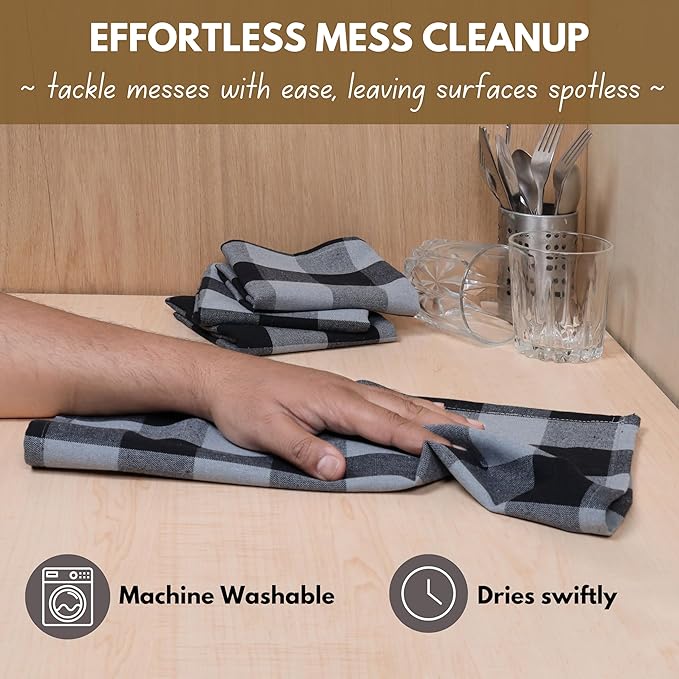 Native Fab Buffalo Check Kitchen Dish Towels, 4 Pack, Cotton, Durable, Washable 16"x26" - Tea Towel, Soft Absorbent Cleaning Towels, Hand Towels with Hanging Loop - Black, Grey