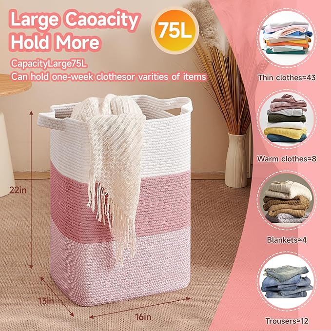 CLHMILY&Z 75L Laundry Hamper Rectangular Pink Rope Basket - 16x13x22 Inches - Dirty Clothes Storage Soft Organizer Bin for Blankets, Toys, and Nursery Essentials