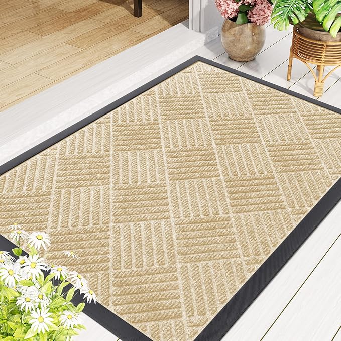 Smiry Front Door Mat Outside Entrance, Heavy Duty Outdoor Indoor Natural Rubber Doormat, Non Slip, Trap Dirt and Moisture, Easy Clean, Low Profile Patio Porch Entryway Mat, 47x23, Beige