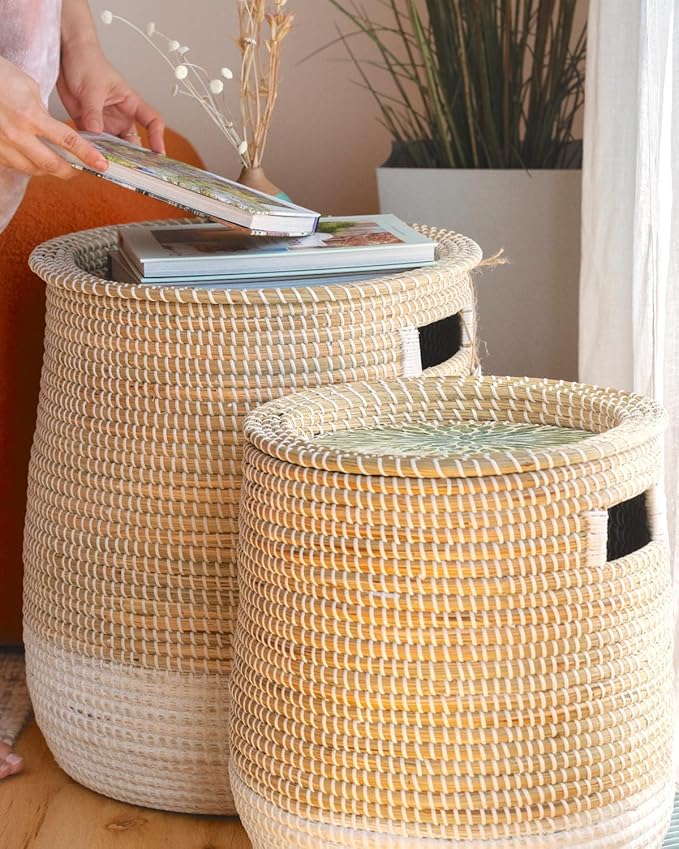 Round Seagrass Laundry Hamper with Lid, 2-Piece Set - Eco-Friendly Storage Basket for Clothes, Toys, and More - Natural Woven Design for Home, Bedroom, Bathroom