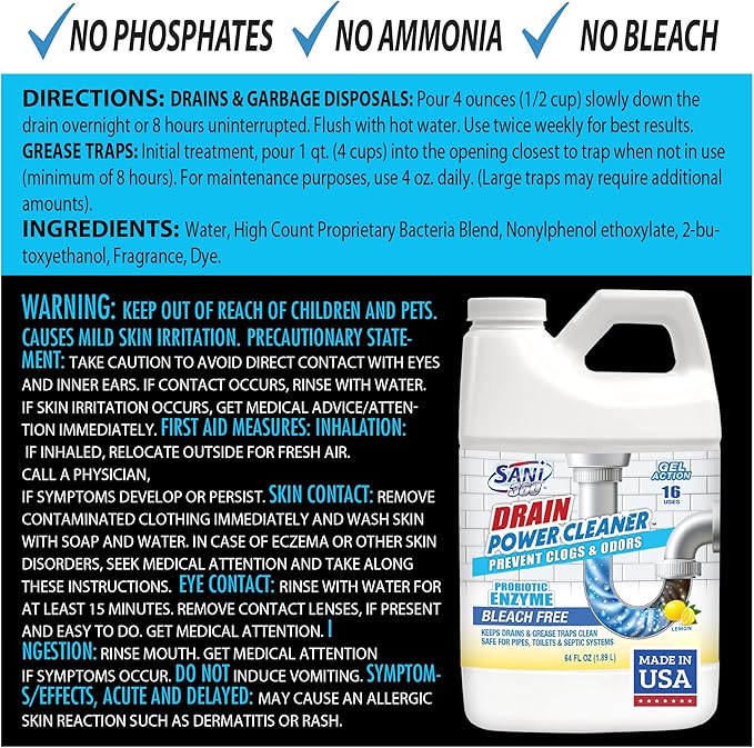 SANI 360° Drain Power Cleaner, Enzyme Gel Formula, Deodorizer, Stops Clogs, Odor, Grease, Soap Scum, Save Money on Plumbing, Safe for Pipes and Septic, Made in the USA, 16 Uses, Lemon Scent