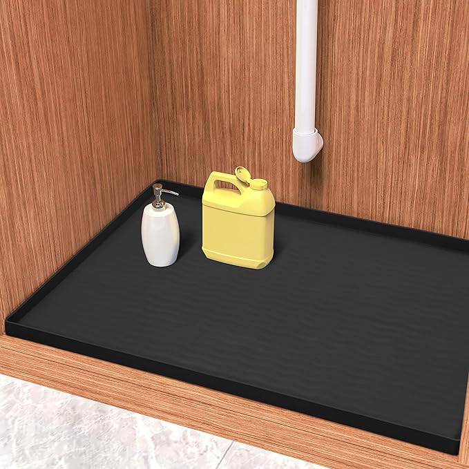 URMONA Waterproof Silicone Under Sink Mat 31'' x 22'' Shelf Liner for Kitchen and Bathroom, Cabinet and Counter Protector, Storage and Organizers, Litter Mat, Pet Cat Puppy Essentials(Black)
