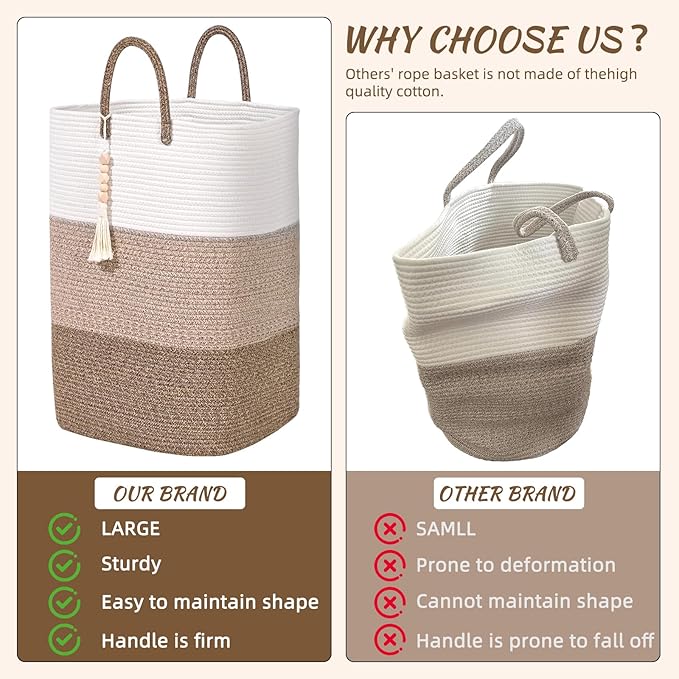 Woven Laundry Basket for Clothes,65 L Large Rectangle Laundry Hampers with Beads Tassel, Nursery Storage Basket for Toys, Tall Dirty Clothes Hamper for Bedroom Aesthetic, Laundry Room Organization