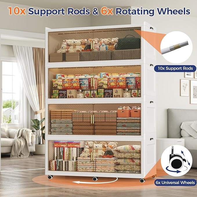 240 Gallon Extra Large Collapsible Storage Bin with Lid, 960QT Stackable Plastic Organizer with 6x Wheels, Foldable Drawer Cabinet for Closet, Living Room Office Dorm 3Pack, White