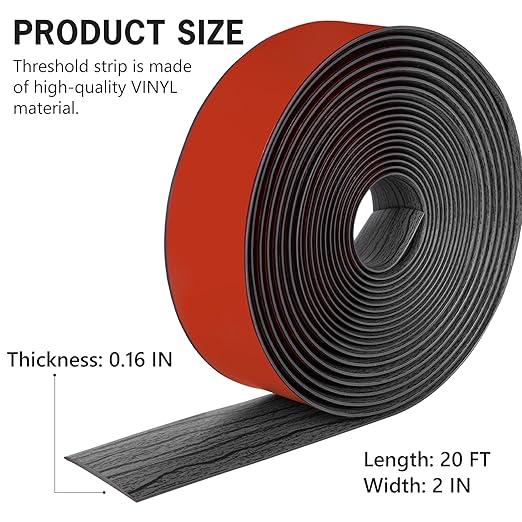 20Ft Floor Transition Strip Self Adhesive Vinyl Cover Floor Strip Flat Divider Transition Strip Wood Grain Design for Laminate Floor Gaps and Doorway Transitions (20Ft x 2 Inch, Gray)