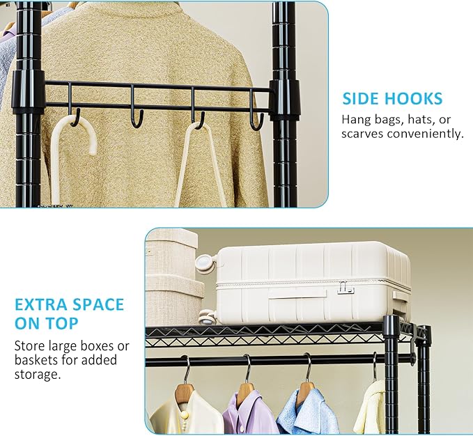 IZEUK Heavy Duty Rolling Garment Rack with 3 Adjustable Wire Shelves, Hanging Rod & Side Hooks - Extra Large Mobile Clothes Rack with Wheels, 47.2" W x 17.7" D x 83.6" H, Black
