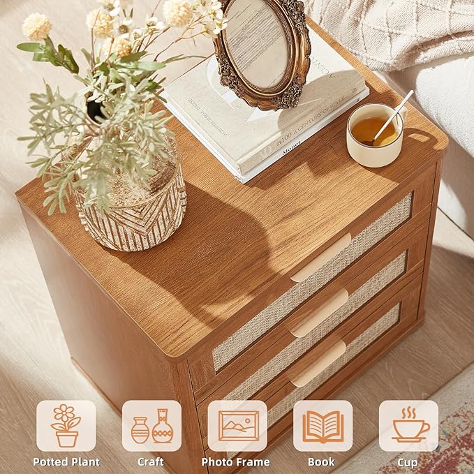 LEYAOYAO Rattan Night Stand Set of 2 with Drawers, 23" Large 3 Drawer Boho Nightstand, Natural Wood Bedside Table Storage Cabinet, Bed Side End Tables Dresser for Bedroom, Living Room, Hallway, Closet