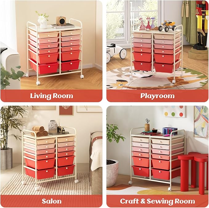 GOFLAME 12-Drawer Rolling Storage Cart, Multipurpose Organizer Cart with 2 Sizes Plastic Drawers, Mobile Utility Cart with Lockable Casters for School, Home Office, Beauty Salon, Gradient Pink
